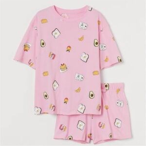 Pink PJ Shirt Shorts Set Breakfast Graphic Pajamas